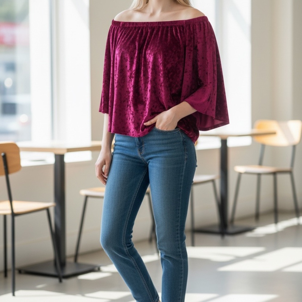 Velvet Off-Shoulder Top in Deep Berry size XL